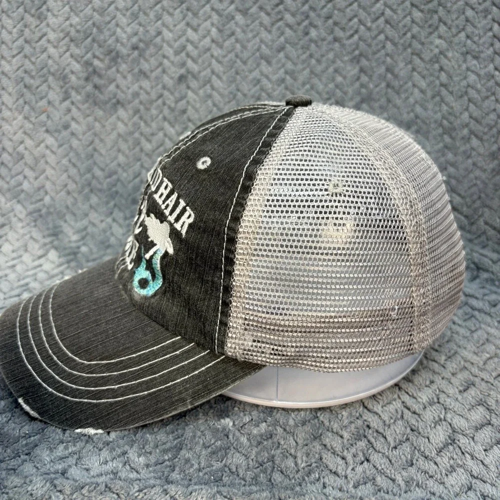 Katydid Mermaid Hair Don't Care Trucker Hat Black Grey Distressed Mesh Cap 0870